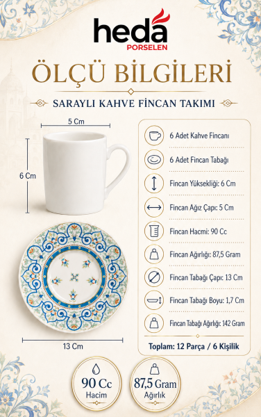Saraylı 12 Parça 6 Kişilik Porselen Kahve Fincan Takımı