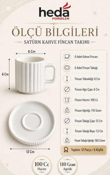 Satürn 12 Parça 6 Kişilik Porselen Kahve Fincan Takımı