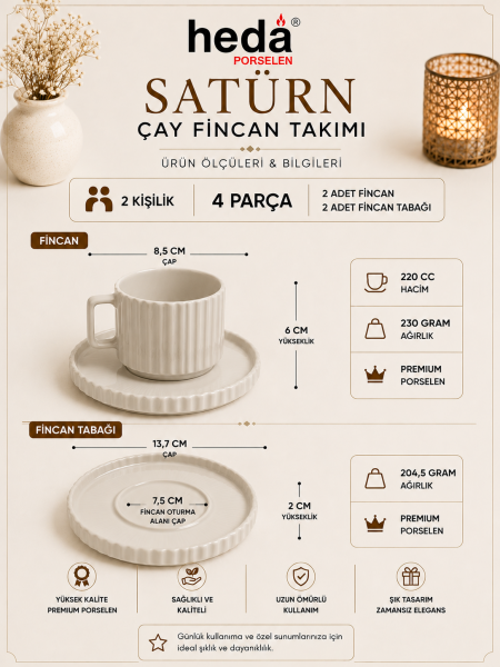 Satürn 4 Parça 2 Kişilik Porselen Çay Fincan Seti