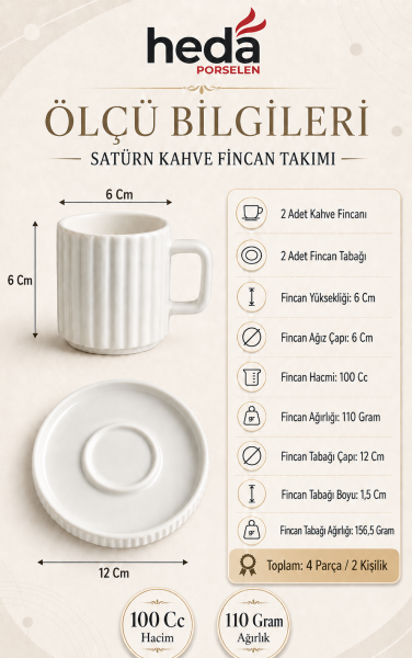 Satürn 4 Parça 2 Kişilik Porselen Kahve Fincan Takımı
