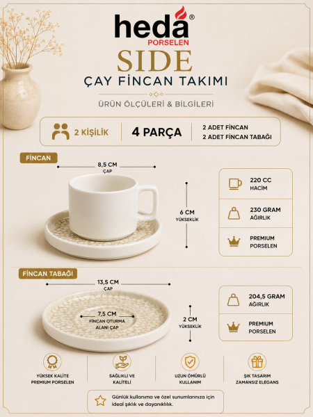 Side Porselen 4 Parça 2 Kişilik 230 ml Çay Fincan Takımı