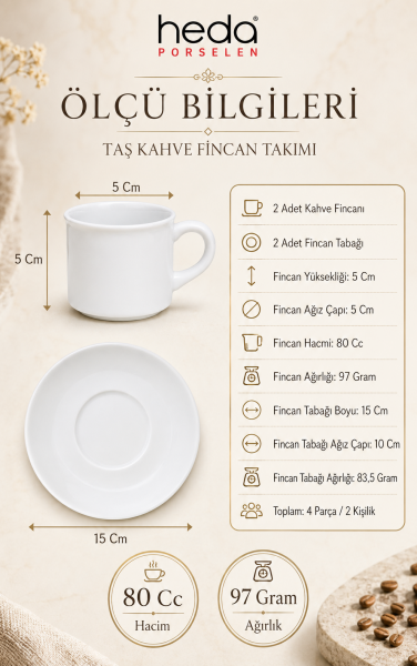 Porcello Zarafeti: 2 Kişilik Premium Kırık Beyaz Porselen Kahve Fincan Takımı (4 Parça)