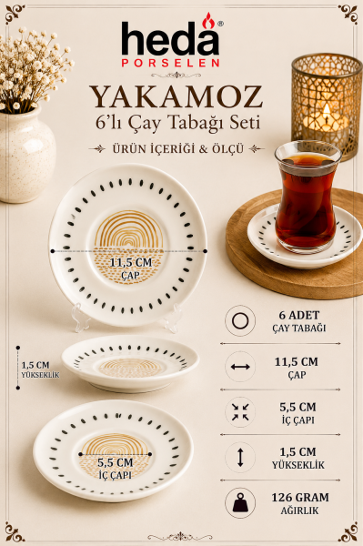 Yakamoz 6 Adet 12 Cm Porselen Çay Tabağı Kırık Beyaz