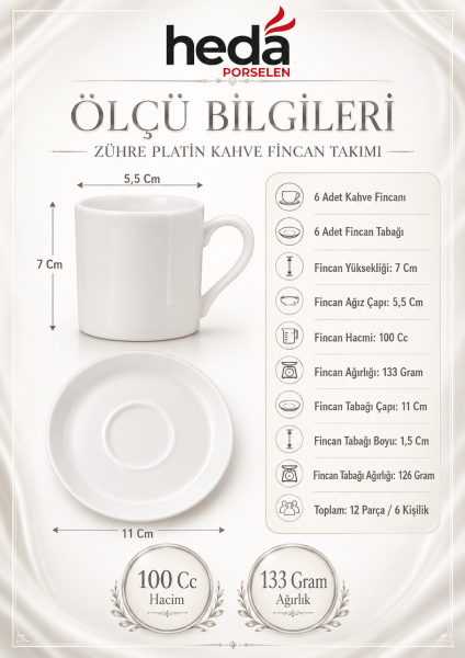 Zühre 12 Parça 6 Kişilik Porselen Kahve Fincan Takımı Kırık Beyaz
