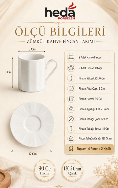 Zümrüt 4 Parça 2 Kişilik Porselen Kahve Fincan Takımı Kırık Beyaz