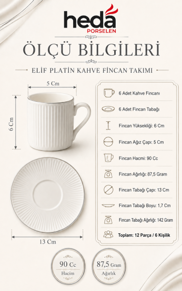 Elif Platin Yaldız 12 Parça 6 Kişilik Porselen Kahve Fincan Takımı