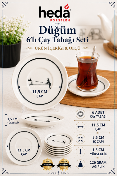 Düğüm 6'lı Porselen Çay Tabağı Seti