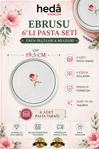 Ebrusu 6'lı Porselen Pasta Tabağı Seti