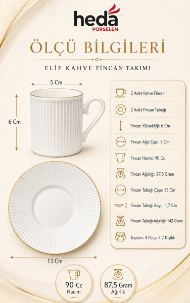 Elif 4 Parça 2 Kişilik Altın Yaldız Porselen Kahve Fincan Takımı Kırık Beyaz