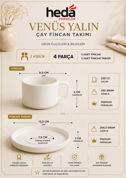 Venüs Yalın 4 Parça 2 Kişilik Çay Fincan Takımı