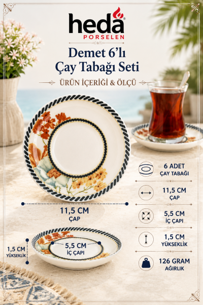 Demet 6 'lı Porselen Çay Tabağı Seti