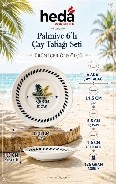 Palmiye 6 'lı Porselen Çay Tabağı Seti