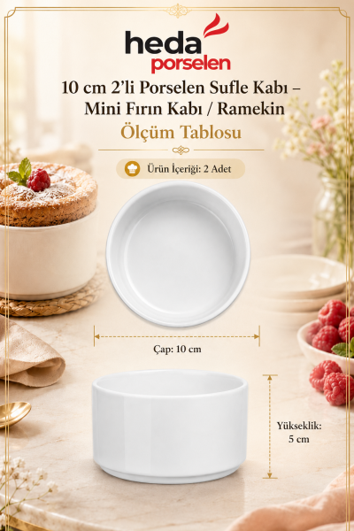 10 cm 2'li Porselen Sufle Kabı – Mini Fırın Kabı / Ramekin