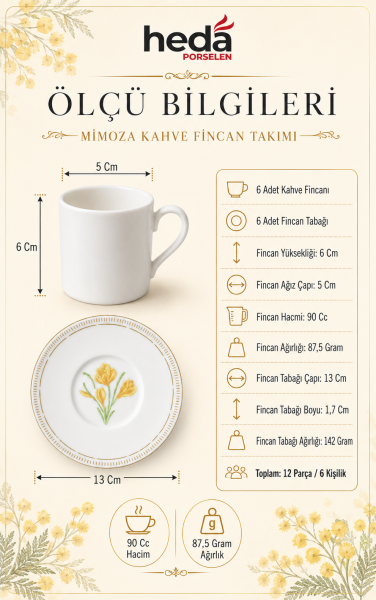 Mimoza 12 Parça 6 Kişilik Porselen Fincan Takımı