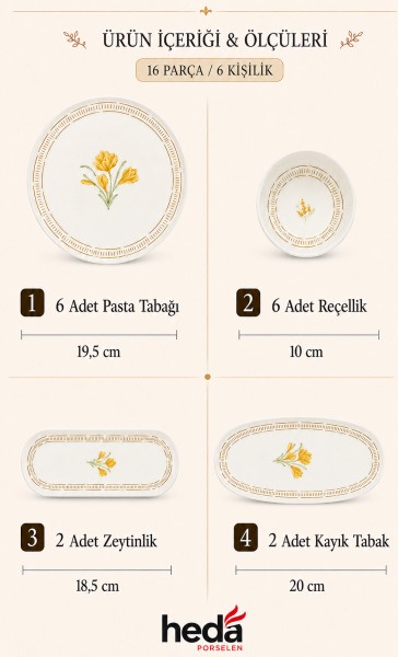 Mimoza 16 Parça 6 Kişilik Porselen Kahvaltı Takımı