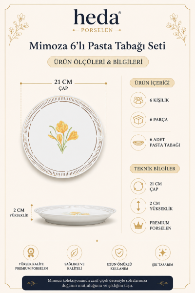 Mimoza 6'lı Porselen Pasta Tabağı Seti