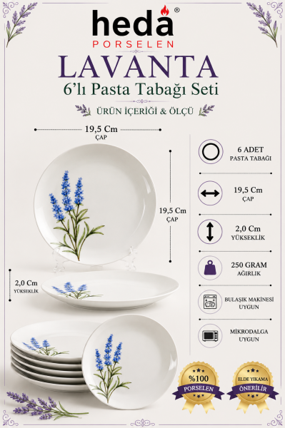 Lavanta 6 Parça Porselen Pasta Tabağı