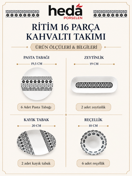 Ritim 16 Parça 6 Kişilik Porselen Kahvaltı Takımı