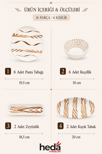 Sahra 16 Parça 6 Kişilik Porselen Kahvaltı Takımı