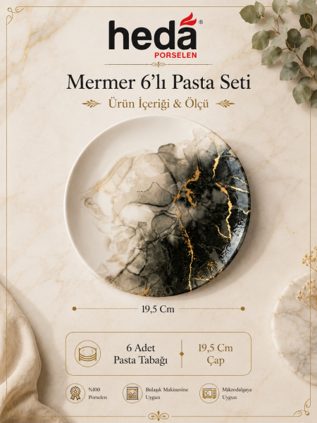 Mermer 6 'lı Porselen Pasta Seti