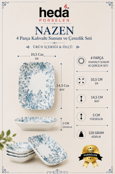Nazen 4 Parça Porselen Kahvaltı Sunum Çerezlik Seti