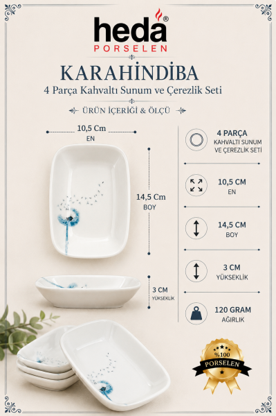 Karahindiba 4 Parça Porselen Kahvaltı Sunum Çerezlik Seti
