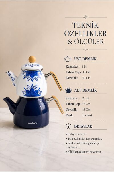 Signature Emaye Kulplu Çaydanlık Seti Lacivert