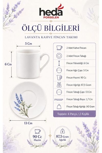 Lavanta 4 Parça 2 Kişilik Porselen Türk Kahvesi Fincanı Seti