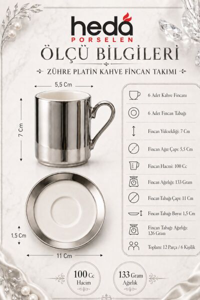 Zühre Platin Kaplama 12 Parça 6 Kişilik Porselen Kahve Fincan Takımı